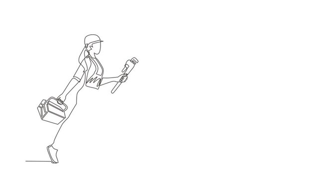 Animated self drawing of continuous line draw mechanic repairwoman worker with tools is running. Technical service. Plumber with monkey wrench, toolbox run forward. Full length one line animation