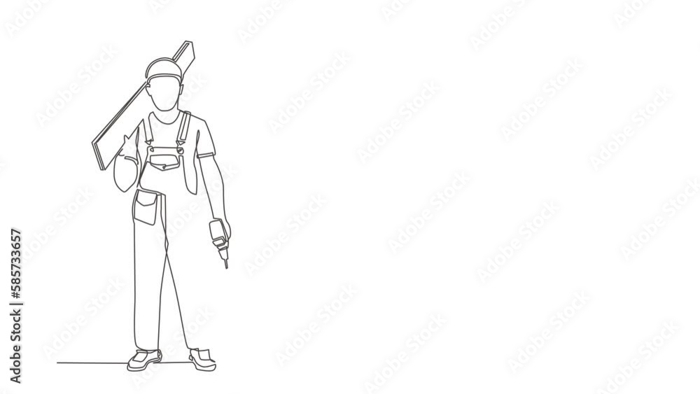 Wall mural Self drawing animation of single line draw timber frame house worker. Repairman standing with board, tool box. Building, construction, repair work services. Continuous line draw. Full length animated