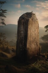 Tall khasi stone monolith from Meghalaya standing majestically on a hilltop