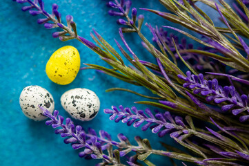 Easter decoration with eggs and lavender .