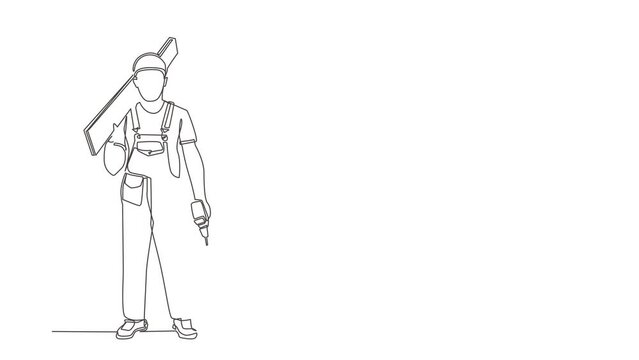 Self drawing animation of single line draw timber frame house worker. Repairman standing with board, tool box. Building, construction, repair work services. Continuous line draw. Full length animated