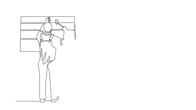 Animated self drawing of continuous line draw professional worker in uniform hammering. Nail in wood. Construction work. Building, construction and repair work services. Full length one line animation