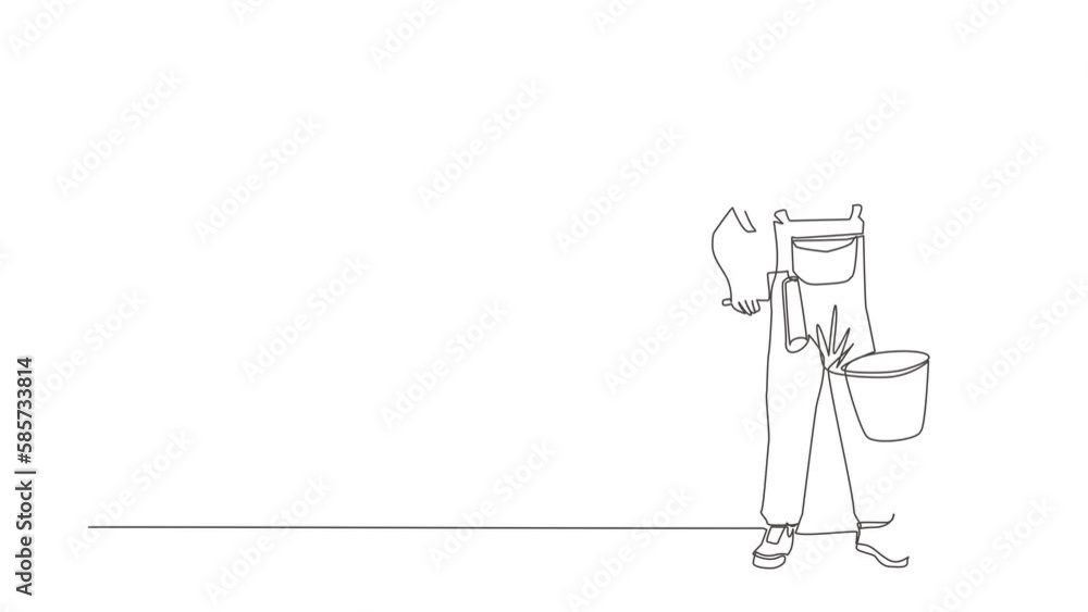 Poster animated self drawing of continuous line draw man holds roller with paint and bucket of paint, home 