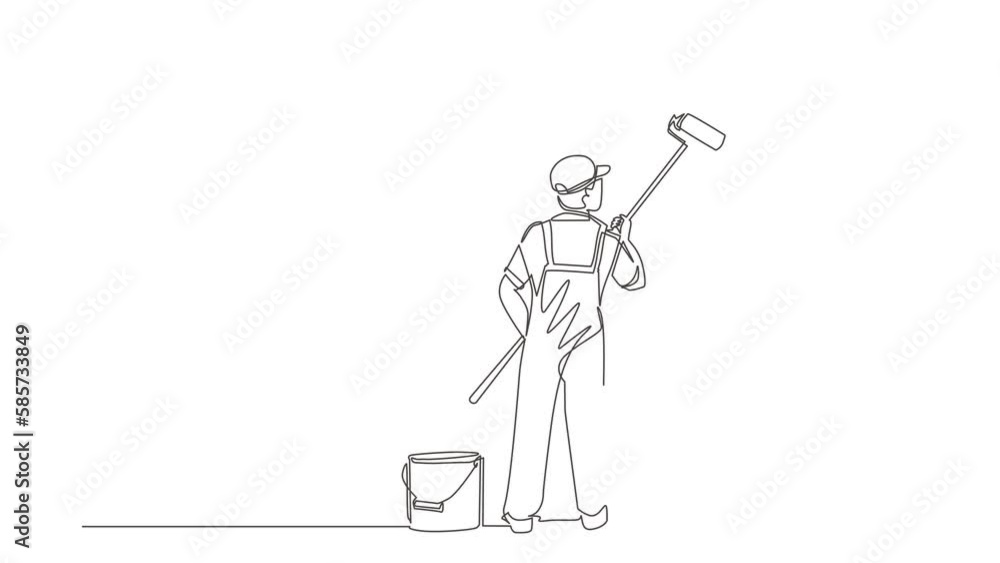 Poster self drawing animation of single one line draw painter standing on staircase paints wall. man is hol