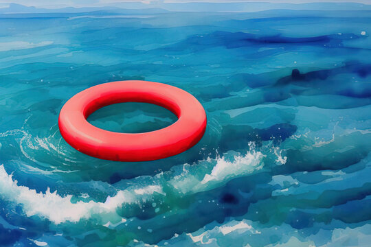 Watercolor illustration of a lifebuoy in the water. Generative AI.
