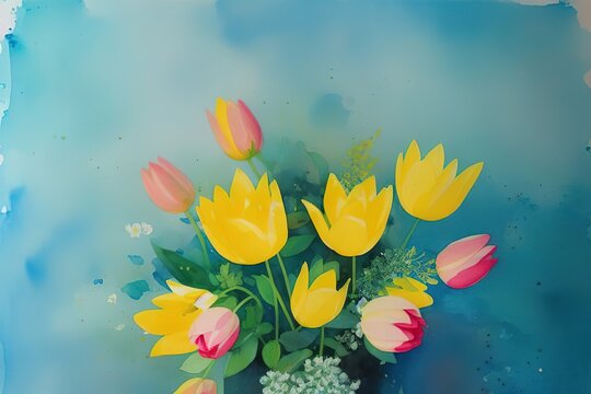 Watercolor postcard from a delicate bouquet of tulips, Generative AI. © Valentina Watercolor