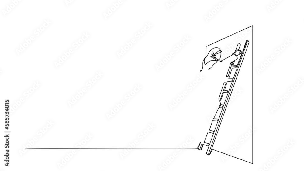Poster animated self drawing of continuous line draw arab climbing up the wall with ladder. business obstac