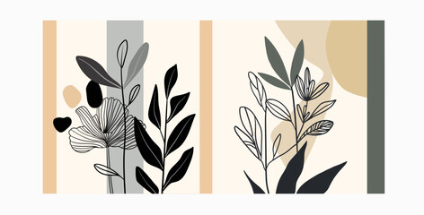 Abstract art nature floral background vector. Modern shape line art. Boho foliage botanical leaves vector illustration on white background.