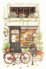 Obraz na płótnie Canvas Watercolor retro style cafe storefront, Generative AI