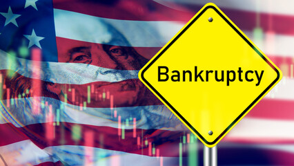 Bankruptcy sign. USA flag. Bankruptcy companies in america. Concept crisis in financial market. Bankruptcy banks metaphor. Liquidity crisis USA chart. Collapse, recession, devaluation. 3d image