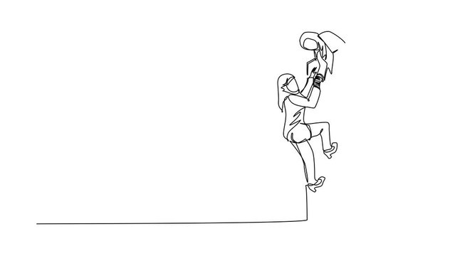 Self drawing animation of single line draw Arabic helping another climb wall. Successful leading businesswoman helping another one to get over brick wall. Continuous line draw. Full length animated