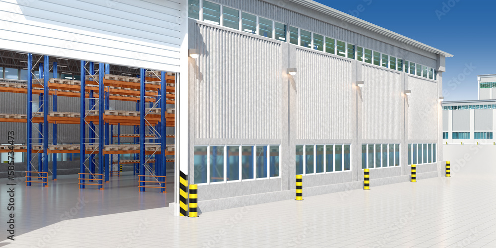 Poster logistic warehouse. building with multi-tiered shelving. hangar for storage of products. warehouse i
