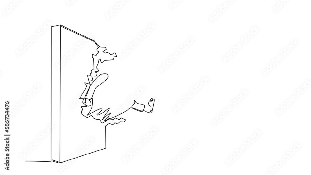 Poster animated self drawing of continuous line draw arabian businessman run and breaking through brick wal