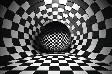 Abstract black and white checkered background. Geometric pattern with visual distortion effect. 