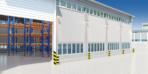 Logistic warehouse. Building with multi-tiered shelving. Hangar for storage of products. Warehouse in industrial area. Facade of hangar with open gates. Concept of renting storage space. 3d image - obrazy, fototapety, plakaty
