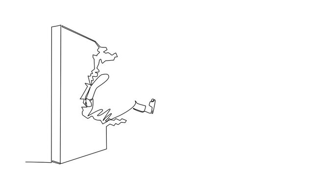 Animated self drawing of continuous line draw Arabian businessman run and breaking through brick wall. Leadership concept. Business concept of obstacle and solution. Full length single line animation