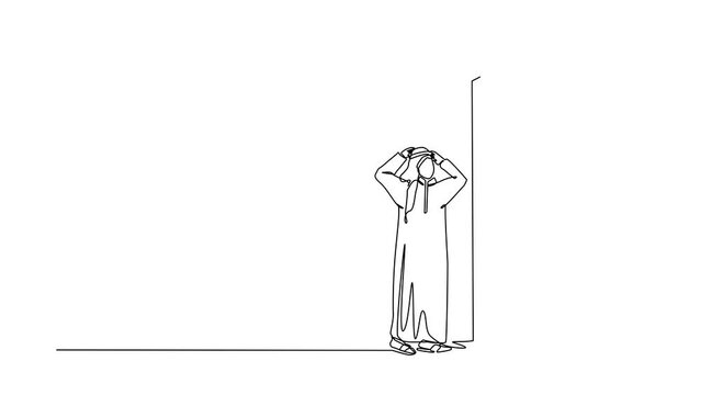 Self drawing animation of single line draw Arabian standing confused in front of huge brick wall barriers. Scene for wrong business decision, deadlock. Continuous line draw. Full length animated