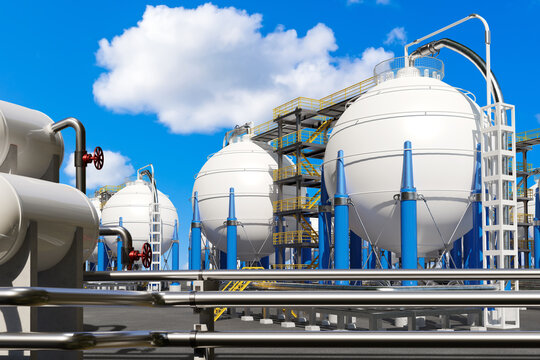 Liquefied gas storage. Oil refineries. Spherical gas tanks under blue sky. Chemical industry. Tanks for storage of cryogenic liquids. Landscape with industrial gas equipment. Bpvc tanks. 3d image