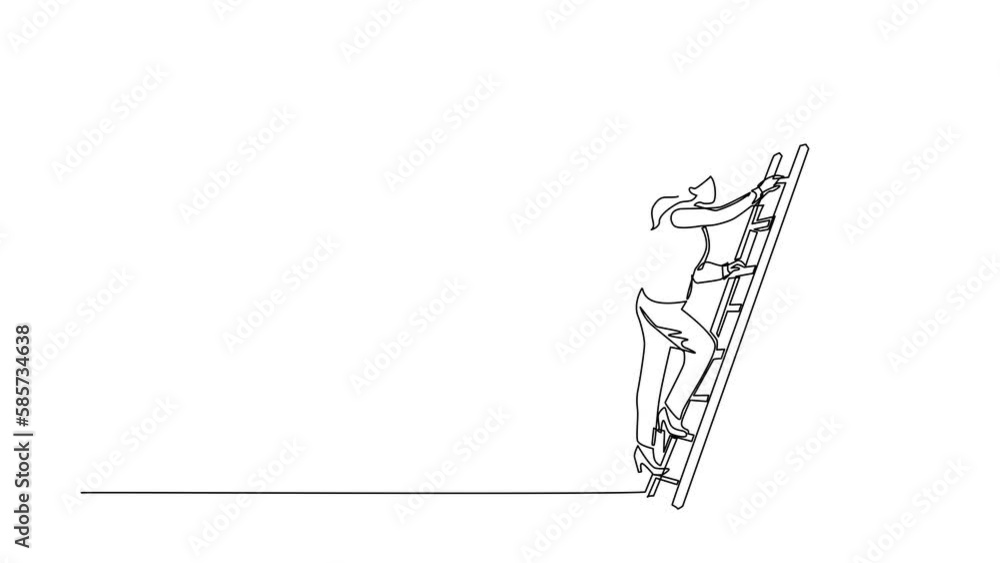 Poster animated self drawing of continuous line draw businesswoman climbing up wall with ladder. business o