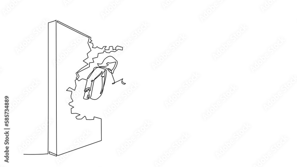 Aufkleber self drawing animation of single line draw businesswoman run and breaking through brick wall. leader