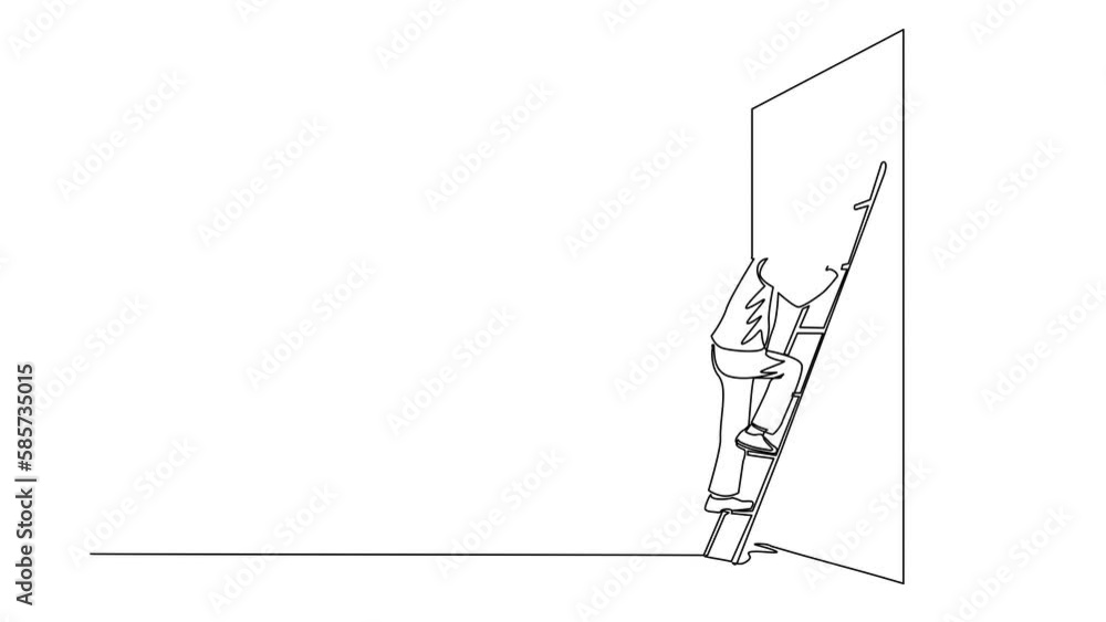Aufkleber animated self drawing of continuous one line draw businessman climbing up wall with ladder. business