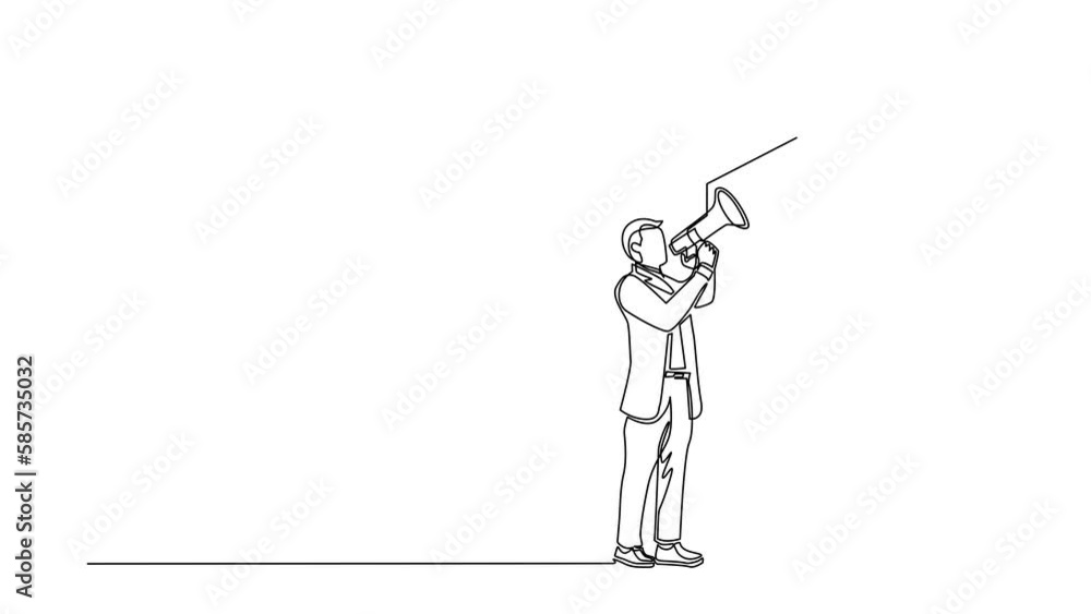 Poster animated self drawing of continuous line draw businessman holding megaphone standing in front of wal