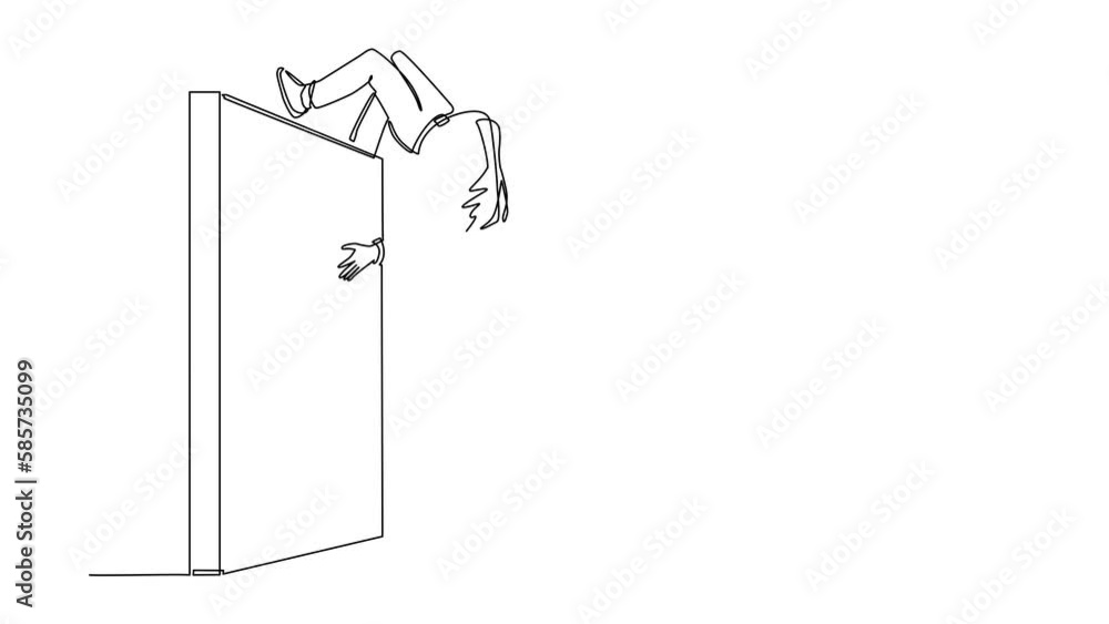 Poster self drawing animation of single line draw businessman jumping over brick wall with acrobatic over h
