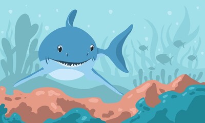 Ocean under water life,seaweed,algae,shark background 