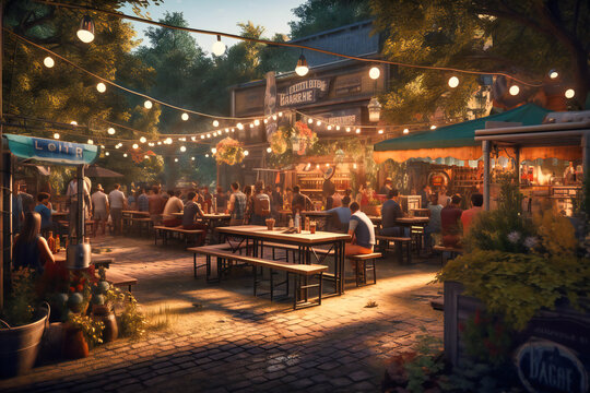 A lively outdoor beer garden, with friends gathered around picnic tables, sharing laughs and cold beverages under twinkling lights