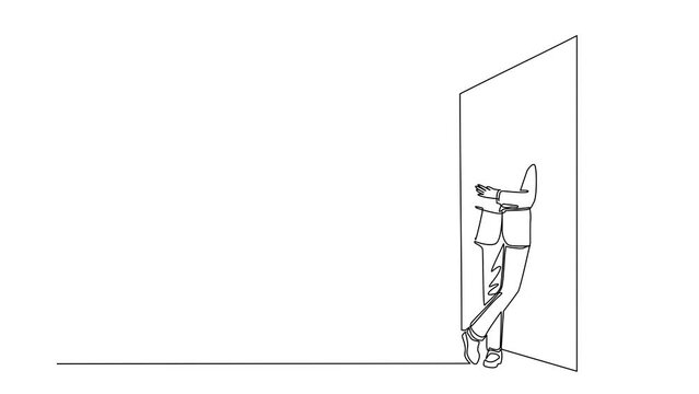 Animated self drawing of continuous line draw young businessman standing and lean against wall, thinking something about new business company. Full length or body. Full length one line animation