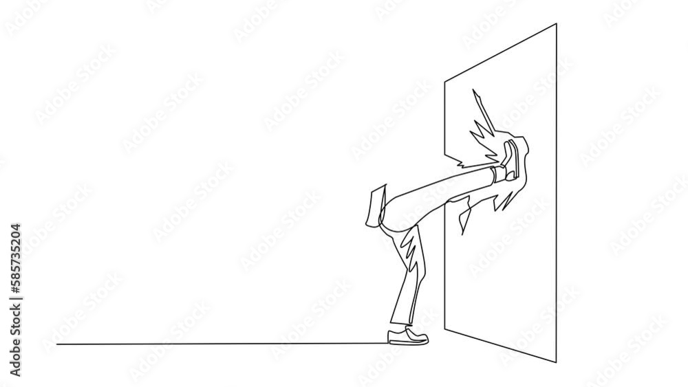 Aufkleber animated self drawing of continuous line draw businessman doing kung fu kick to destroy brick wall. 