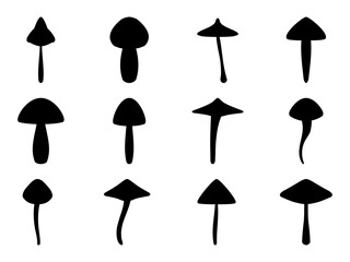Black mushrooms set isolated on white background. Mushroom silhouettes. Design of mushroom for posters, banners and promotional items. Vector illustration