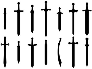 Black swords set isolated on white background. Swords silhouettes. Weapons of the Roman Empire, gladius. Design of swords for posters, banners and promotional items. Vector illustration