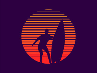 Man holding a surfboard at sunset. A surfer with a surfboard against the backdrop of the sun in the synthwave style of the 80s. Design for banners, posters and promotional items. Vector illustration