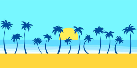 Fototapeta na wymiar Landscape of palm trees on the seashore and the sun on the horizon. View of the palm trees from the coast, palm trees at dawn. Design for poster, banner and promotional product. Vector illustration