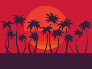 Fototapeta na wymiar Black silhouettes of palm trees at sunset. Tropical landscape with palm trees and retro sun in 80s style. Design for posters, banners and printing of promotional products. Vector illustration