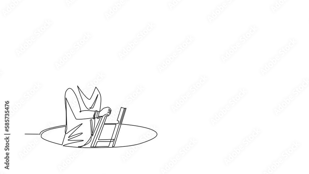 Poster animated self drawing of continuous line draw arab businesswoman climbs out of hole by ladder, using