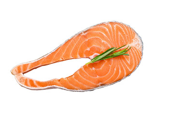 Salmon raw fish steak prepared for cooking on a cutting board.  Isolated, transparent background.
