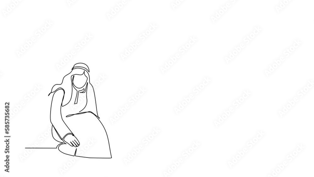 Poster self drawing animation of single line draw arab descends into hole. concept of failure to take advan