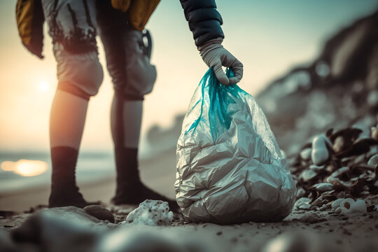 a person with gloves and a bag picking plastic from a beach , pollution concept, environmental concept, generative ai