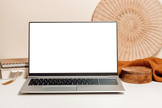 Aesthetic Mockup Laptop With White Screen On The Table With Linen Cloth And Books. Minimal Bohemian Workplace Background For Study, Cozy Home Office, Website Promotion, Business Branding And Social Me