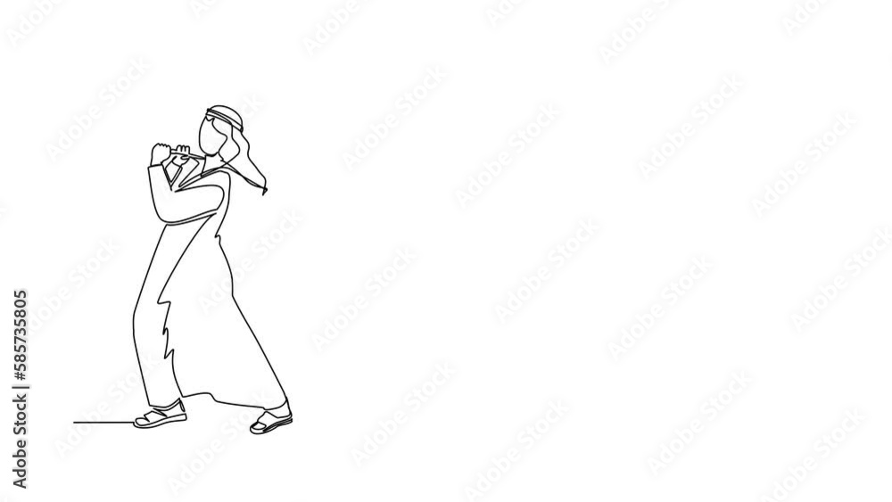 Poster animated self drawing of continuous line draw arabian businessman trying hard pulling rope to drag s