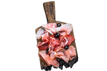 Cured meat platter of traditional Spanish tapas.  Isolated, transparent background.