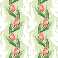 Obraz premium Seamless pattern with red flowers and leaves. Spring tulip flowers. Summer or Spring background.