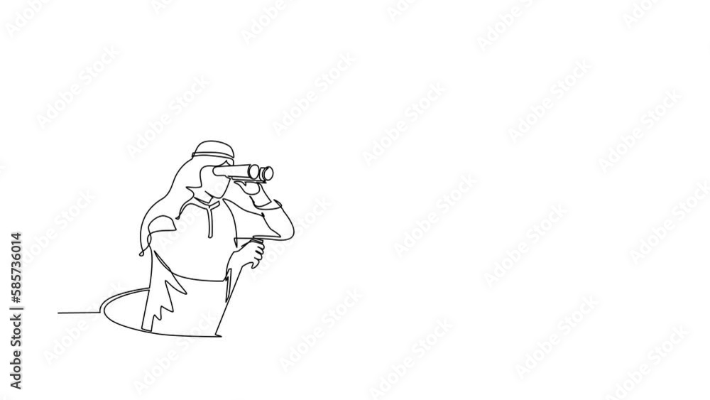 Poster Animated self drawing of continuous line draw Arabian climbs out of the hole by ladder and using binocular. Business vision and solution concept. Symbol of challenge. Full length one line animation