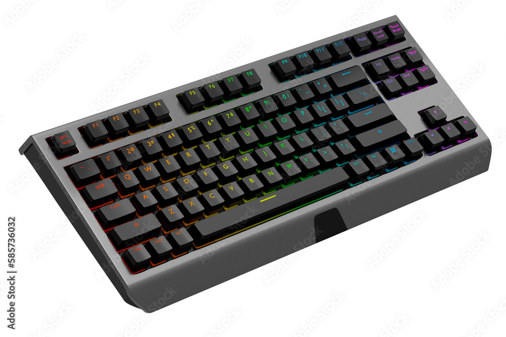 Poster realistic computer keyboard with metallic chrome texture isolated on white