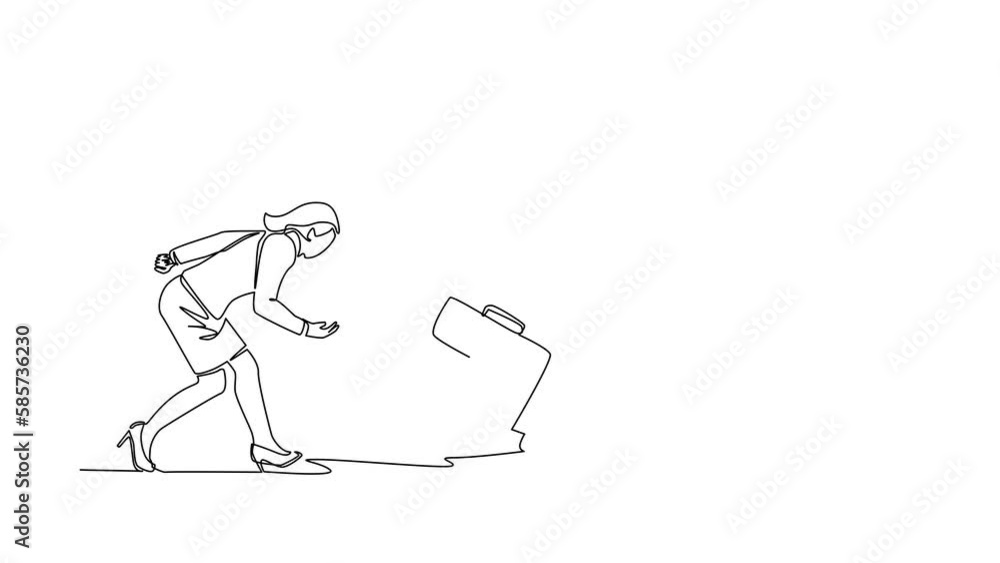 Aufkleber self drawing animation of single line draw businesswoman throws briefcase into hole. failure to take