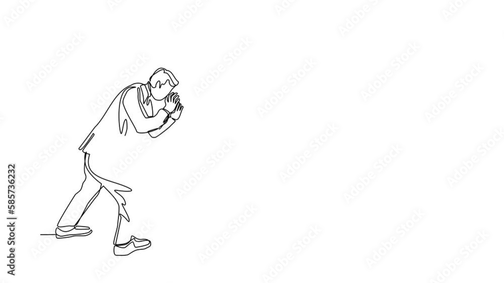 Poster self drawing animation of single line draw businessman scream into pit hole. man wondering looking a
