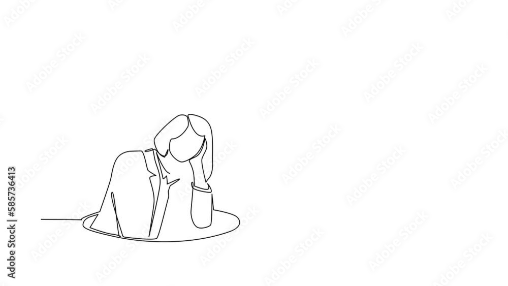Poster animated self drawing of continuous line draw businesswoman trying to get out of from hole, metaphor