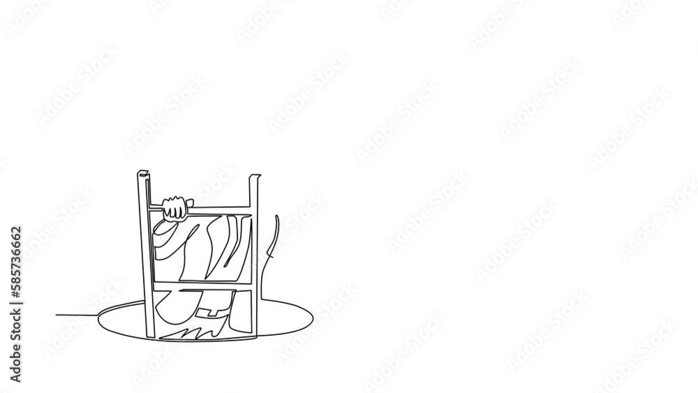 Poster animated self drawing of continuous line draw businesswoman climbs out of hole by ladder, using bino